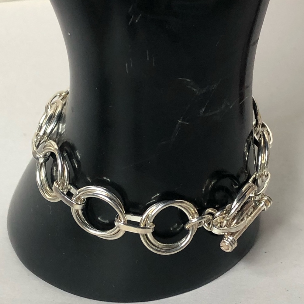 Double Round Link Sterling Silver Toggle Closure Bracelet
